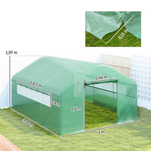 Serre de jardin 12 m², serre tunnel de jardin 4 x 3 x 2 m avec portes enroulables et grandes fenêtres en maille, serre en acier galvanisé et PE haute densité 140 g/m² résistante aux UV, vert