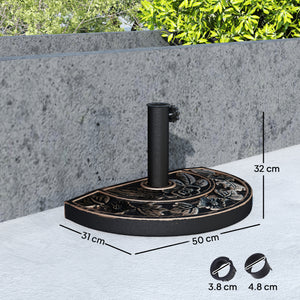 Pied de parasol base de lestage parasol demi-cercle poids net 9 kg résine imitation fonte motif fleur 50L x 31l x 32H cm bronze