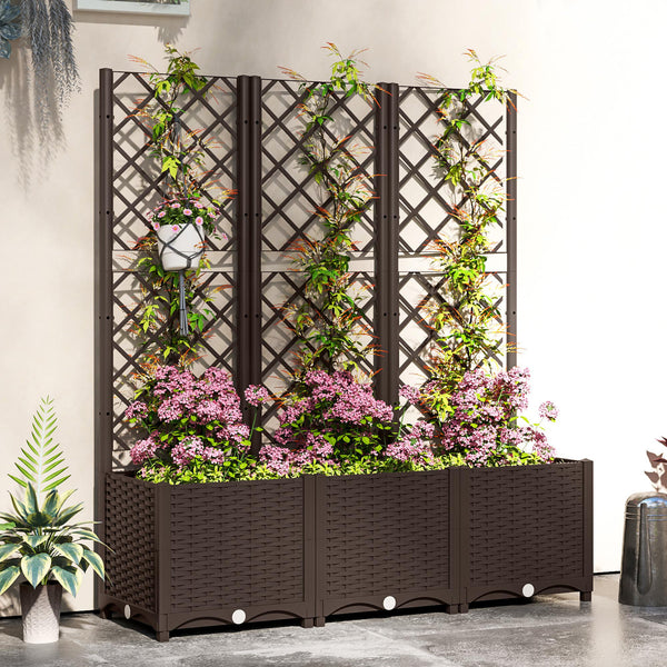 Jardinière avec treillis, lit surélevé de jardin, jardinière extérieure avec 8 trous de drainage, réservoirs d'eau, bac à fleurs pour balcon terrasse patio, 120 x 40 x 135 cm, marron
