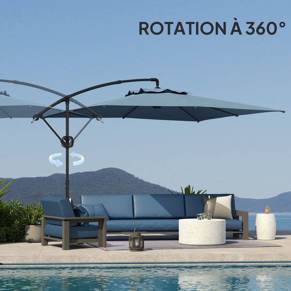 Parasol déporté carré 3 x 3 m, parasol de jardin extérieur avec manivelle, base croisée, parasol inclinable et rotation à 360°, toile polyester 180 g/m², protection UV UPF50+, bleu clair