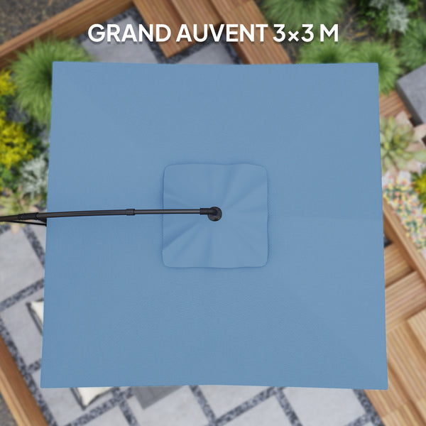 Parasol déporté carré 3 x 3 m, parasol de jardin extérieur avec manivelle, base croisée, parasol inclinable et rotation à 360°, toile polyester 180 g/m², protection UV UPF50+, bleu clair