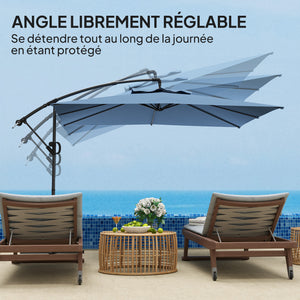 Parasol déporté carré 3 x 3 m, parasol de jardin extérieur avec manivelle, base croisée, parasol inclinable et rotation à 360°, toile polyester 180 g/m², protection UV UPF50+, bleu clair