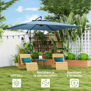 Parasol déporté carré 3 x 3 m, parasol de jardin extérieur avec manivelle, base croisée, parasol inclinable et rotation à 360°, toile polyester 180 g/m², protection UV UPF50+, bleu clair
