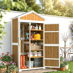 Armoire de Jardin en Bois - Abri de Jardin Extérieur Étanche avec Toit en Métal - Meuble de Rangement Terrasse à Double Porte pour Outils de Jardinage 105x55x179cm, Blanc et Naturel