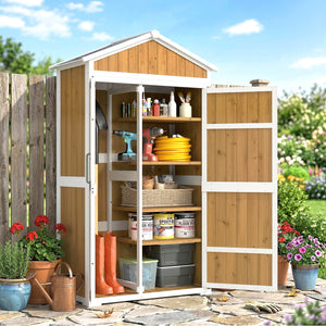 Armoire de Jardin en Bois - Abri de Jardin Extérieur Étanche avec Toit en Métal - Meuble de Rangement Terrasse à Double Porte pour Outils de Jardinage 105x55x179cm, Blanc et Naturel