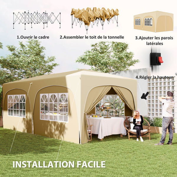 Tonnelle de jardin extérieure 3 x 6 m, tonnelle pliante pop up, hauteur réglable, sac de transport et sacs de sable, protection UPF50+, barnum pliant pour camping, festival, patio, sable
