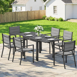 Ensemble de Salle à Manger Extérieur 7 Pièces, Table et Chaises de Patio en Aluminium pour 6 Personnes avec Table Extensible et Chaises Empilables, Résistant aux Intempéries, Gris