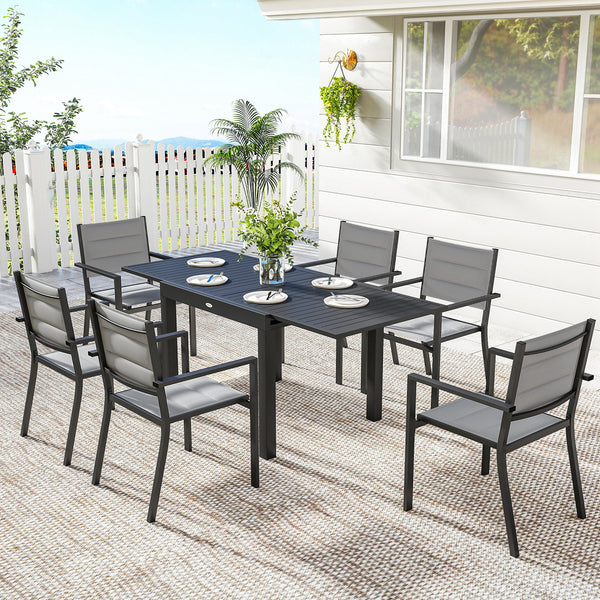 Ensemble de Salle à Manger Extérieur 7 Pièces, Table et Chaises de Patio en Aluminium pour 6 Personnes avec Table Extensible et Chaises Empilables, Résistant aux Intempéries, Gris