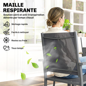 Ensemble Salle à Manger Extérieur 7 Pièces, Table et 6 Chaises Empilables, Plateau Faux Bois, Maille Respirante, Gris Foncé