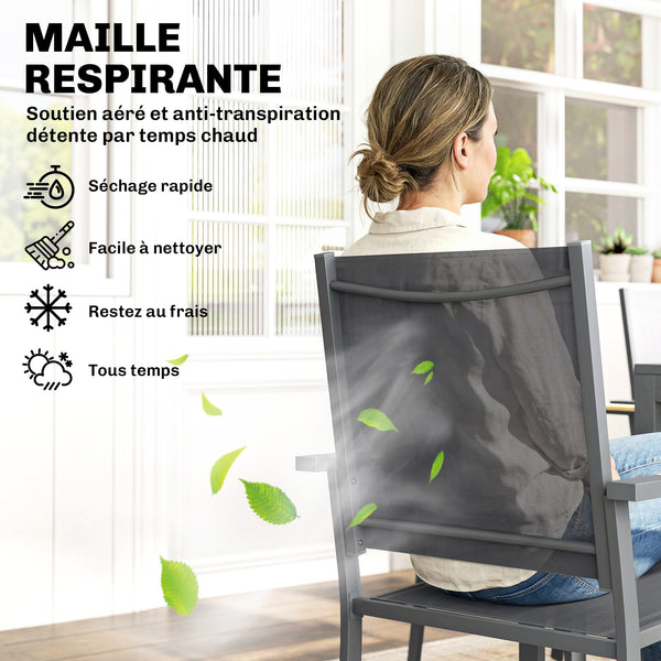 Ensemble Salle à Manger Extérieur 7 Pièces, Table et 6 Chaises Empilables, Plateau Faux Bois, Maille Respirante, Gris Foncé