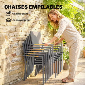 Ensemble Salle à Manger Extérieur 7 Pièces, Table et 6 Chaises Empilables, Plateau Faux Bois, Maille Respirante, Gris Foncé