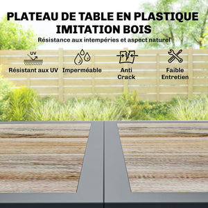 Ensemble Salle à Manger Extérieur 7 Pièces, Table et 6 Chaises Empilables, Plateau Faux Bois, Maille Respirante, Gris Foncé