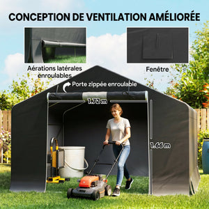 Abri de jardin tente de stockage étanche abri moto porte enroulable fermeture éclair, garage pour vélo et outils rangement et stockage pour vélo moto bois outils, 300x300x210cm, gris foncé