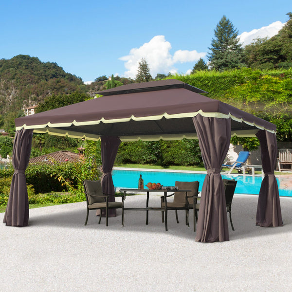 Tonnelle de jardin extérieur 4 x 3 m barnum double toit tente de réception avec parois et moustiquaires marron