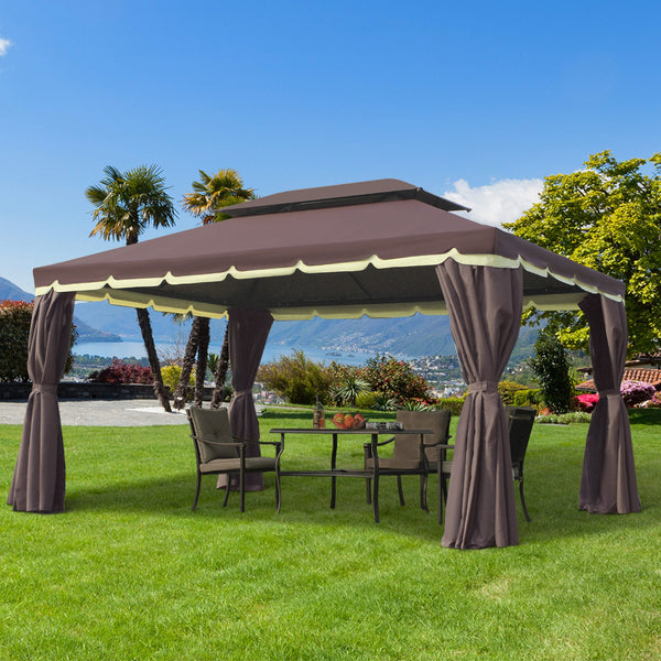 Tonnelle de jardin extérieur 4 x 3 m barnum double toit tente de réception avec parois et moustiquaires marron