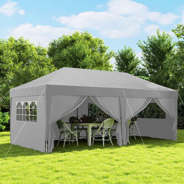 Tonnelle de jardin exterieur tonnelle pliante 3 x 6 m pop-up avec 6 parois latérales, trous de drainage, sac de transport inclus, barnum pliant pour camping festival mariage, gris
