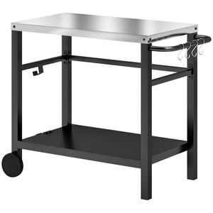 Desserte plancha extérieure avec plan de travail en acier inoxydable, chariot de barbecue avec étagère, desserte de jardin avec crochets, porte-serviettes, 2 roues, 102x50x81cm, gris charbon