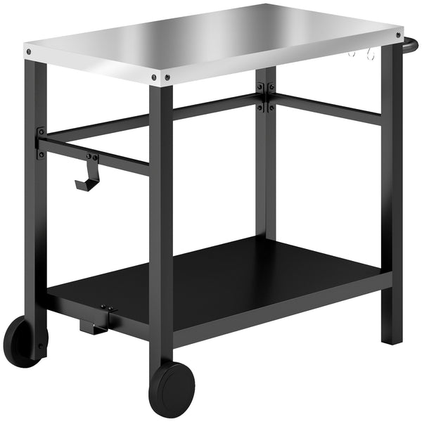 Desserte plancha extérieure avec plan de travail en acier inoxydable, chariot de barbecue avec étagère, desserte de jardin avec crochets, porte-serviettes, 2 roues, 102x50x81cm, gris charbon