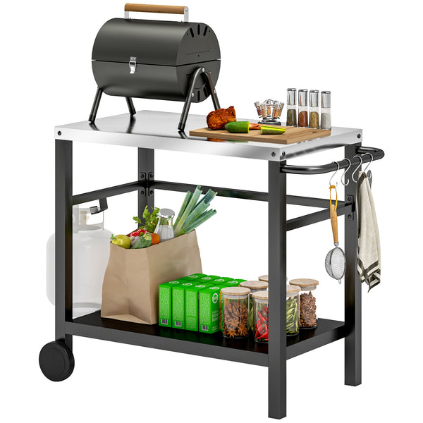 Desserte plancha extérieure avec plan de travail en acier inoxydable, chariot de barbecue avec étagère, desserte de jardin avec crochets, porte-serviettes, 2 roues, 102x50x81cm, gris charbon