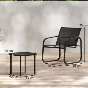 Ensemble bistrot de jardin 3 pièces, salon de jardin extérieur 2 personnes avec 2 chaises en maille et table basse en verre trempé, mobilier de jardin, terrasse, balcon, véranda, noir