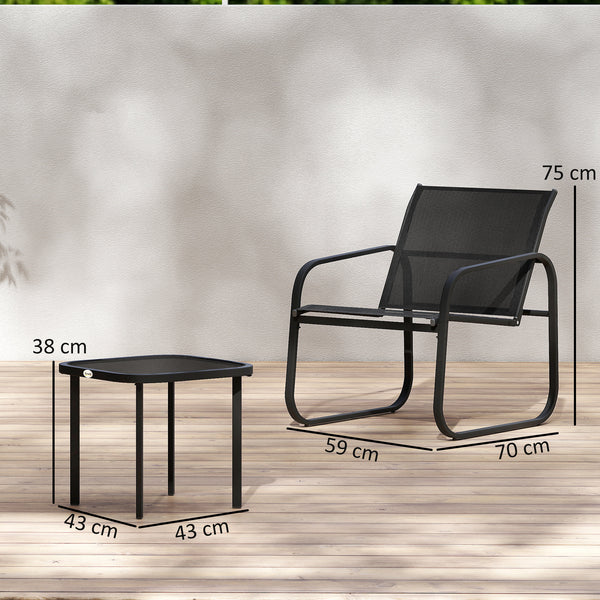 Ensemble bistrot de jardin 3 pièces, salon de jardin extérieur 2 personnes avec 2 chaises en maille et table basse en verre trempé, mobilier de jardin, terrasse, balcon, véranda, noir
