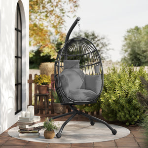 Fauteuil suspendu, fauteuil oeuf suspendu panier pliable, chaise hamac balançoire, avec coussin rembourré, oreiller, porte-gobelet, pour intérieur et extérieur, gris foncé