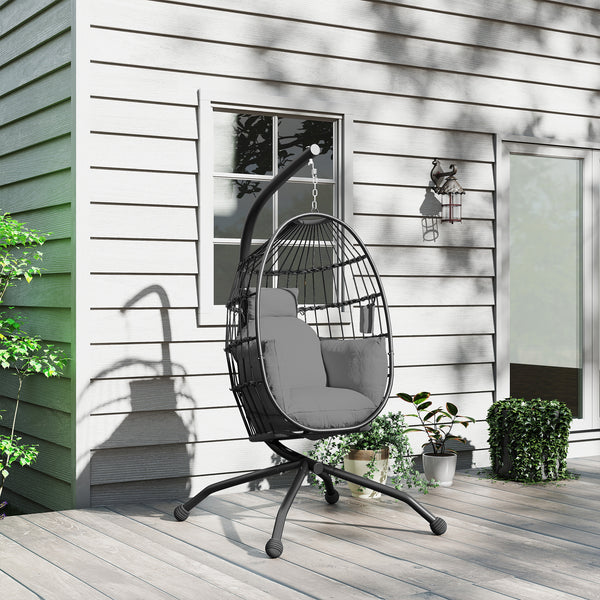 Fauteuil suspendu, fauteuil oeuf suspendu panier pliable, chaise hamac balançoire, avec coussin rembourré, oreiller, porte-gobelet, pour intérieur et extérieur, gris foncé