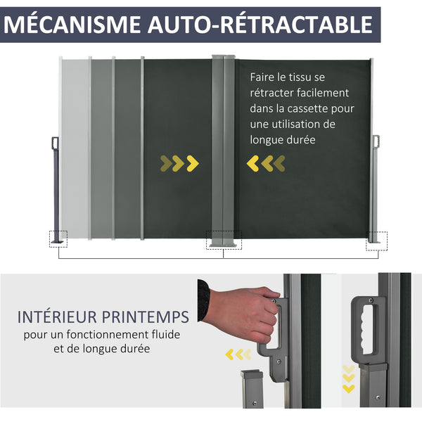 Double Store latéral Brise-Vue paravent rétractable dim. 6L x 1,80H m Polyester Anti-UV Haute densité 180 g/m² Gris