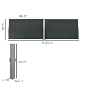 Double Store latéral Brise-Vue paravent rétractable dim. 6L x 1,80H m Polyester Anti-UV Haute densité 180 g/m² Gris