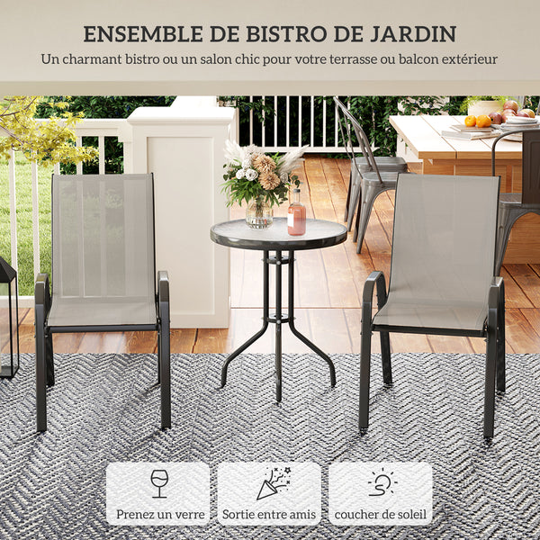 3 pièces salon de jardin extérieur, ensemble de meubles 2 fauteuils empilables, table basse avec dessus en verre trempé, tissu en textilène, pour patio, terrasse, balcon, gris clair