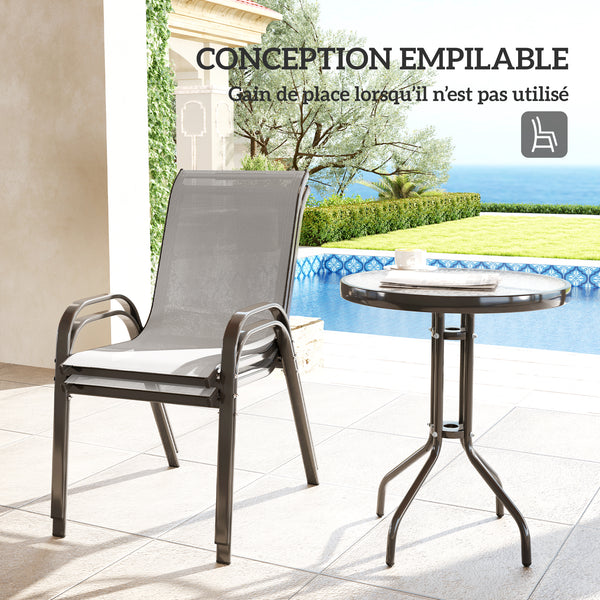 3 pièces salon de jardin extérieur, ensemble de meubles 2 fauteuils empilables, table basse avec dessus en verre trempé, tissu en textilène, pour patio, terrasse, balcon, gris clair