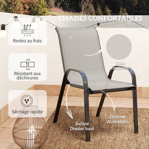 3 pièces salon de jardin extérieur, ensemble de meubles 2 fauteuils empilables, table basse avec dessus en verre trempé, tissu en textilène, pour patio, terrasse, balcon, gris clair