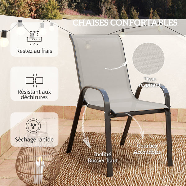 3 pièces salon de jardin extérieur, ensemble de meubles 2 fauteuils empilables, table basse avec dessus en verre trempé, tissu en textilène, pour patio, terrasse, balcon, gris clair
