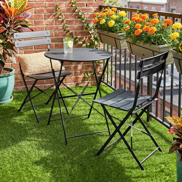 Ensemble Bistrot de Jardin 3 Pièces san Montage - Table et 2 Chaises Pliantes à Lattes en Métal avec Double Protection Antirouille - Mobilier de Balcon et Terrasse Chic, Noir