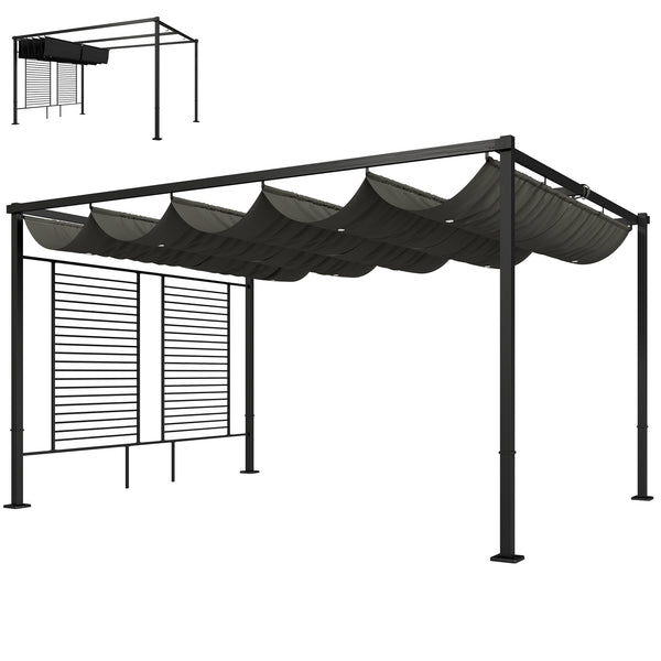 Pergola Jardin Extérieur 3x4m avec Tonnelle à Vigne, Protection UV50+ et Toit Rétractable - Abri de Terrasse en Acier et Panneaux d'Intimité pour Plantes Grimpantes et Terrasse, Gris Foncé