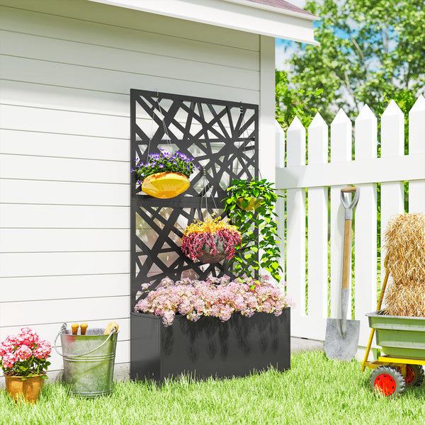 Jardinière avec treillis, bac à fleurs, lit surélevé avec brise-vue et roulettes verrouillables, pour plantes grimpantes, légumes, métal, intérieur et extérieur, 90 x 30 x 160 cm, noir