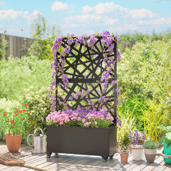 Jardinière avec treillis, bac à fleurs, lit surélevé avec brise-vue et roulettes verrouillables, pour plantes grimpantes, légumes, métal, intérieur et extérieur, 90 x 30 x 160 cm, noir