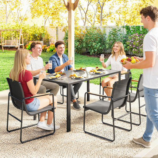 Ensemble de Salle à Manger d'Extérieur 7 Pièces pour 6 Personnes, Table en Verre et Chaises avec Accoudoirs Décoratifs, Mobilier de Jardin en Acier pour Terrasse, Gris