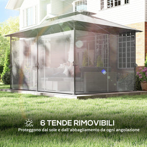 Gazebo de jardin 3x4 m avec rideaux amovibles, toit double et 12 trous de drainage, gazebo d'extérieur en métal et polyester, pour jardin, balcon, fêtes, camping, gris foncé