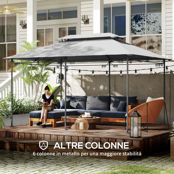 Gazebo de jardin 3x4 m avec rideaux amovibles, toit double et 12 trous de drainage, gazebo d'extérieur en métal et polyester, pour jardin, balcon, fêtes, camping, gris foncé