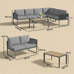 Salon de jardin extérieur d'angle modulable 6 personnes, canapés, table basse à lattes effet bois, coussins, structure en métal et textileline, mobilier de jardin terrasse balcon, gris foncé