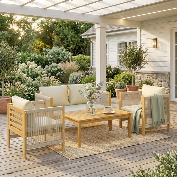 Ensemble de mobilier de jardin en bois pour 4 personnes salon de jardin avec canapé 2 places 2 fauteuils table tressée design à lames coussins lavables, mobilier d'extérieur balcon terrasse pour jardin balcon Beige