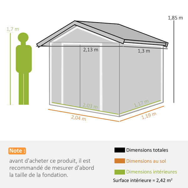 Abri de Jardin 2,42 m² - Remise pour Outils avec Fondation - cabanon Porte verrouillable - dim. 213L x 130l x 185H cm - tôle d'acier Vert