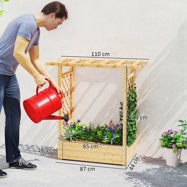 Jardinière Surélevée avec treillis Latéral et Supérieur, bac à fleurs, lit surélevé Trous de Drainage, pour plantes grimpantes, légumes, fleurs, extérieur, bois massif, bois naturel