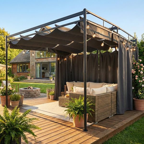 Pergola de Jardin 3x3m en Métal Robuste avec Toit Rétractable et Rideaux - Tonnelle de Terrasse avec Système de Poulie - 9m² Abri Extérieur Stable pour Salon de Jardin Gris Anthracite