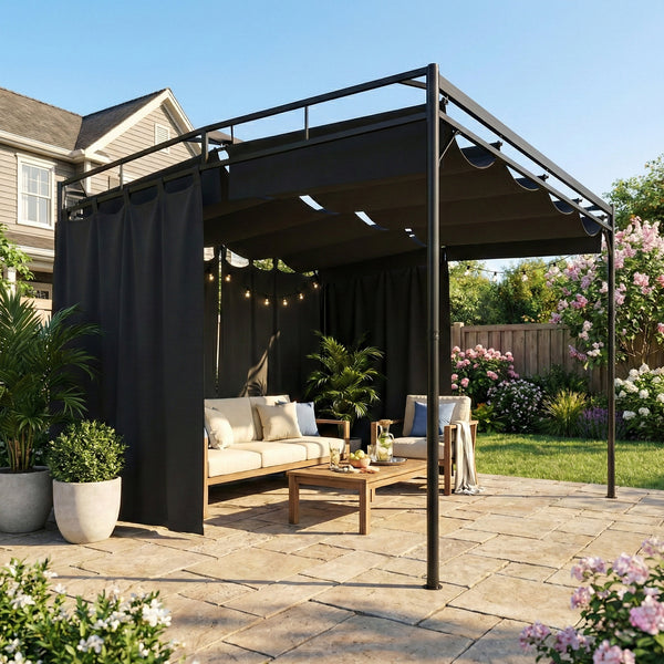 Pergola de Jardin 3x3m en Métal Robuste avec Toit Rétractable et Rideaux - Tonnelle de Terrasse avec Système de Poulie - 9m² Abri Extérieur Stable pour Salon de Jardin Gris Anthracite