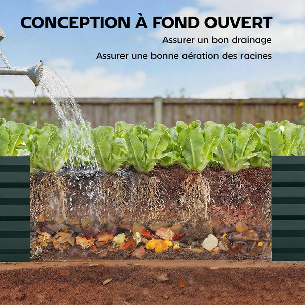 Jardinière rectangulaire potager de jardin bac à fleurs en acier avec bordure de sécurité et fond ouvert dim. 150L x 70l x 30H cm vert