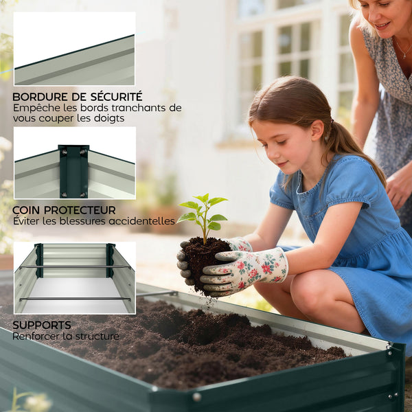 Jardinière rectangulaire potager de jardin bac à fleurs en acier avec bordure de sécurité et fond ouvert dim. 150L x 70l x 30H cm vert