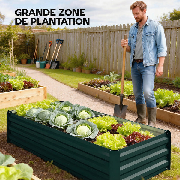 Jardinière rectangulaire potager de jardin bac à fleurs en acier avec bordure de sécurité et fond ouvert dim. 150L x 70l x 30H cm vert