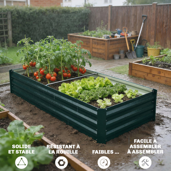 Jardinière rectangulaire potager de jardin bac à fleurs en acier avec bordure de sécurité et fond ouvert dim. 150L x 70l x 30H cm vert